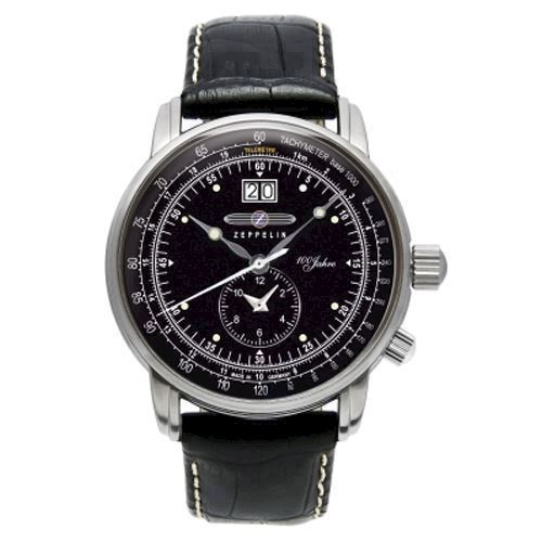 Image of 7640-2 Zeppelin 100 års Jubilæums model<br>Dual time, sort urskive og sort rem